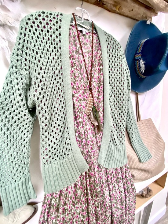 Bluenotes Sweaters - Mesh Sage green Semi sheer crochet/cover up boho Cardi w shabby chic beach vibe
